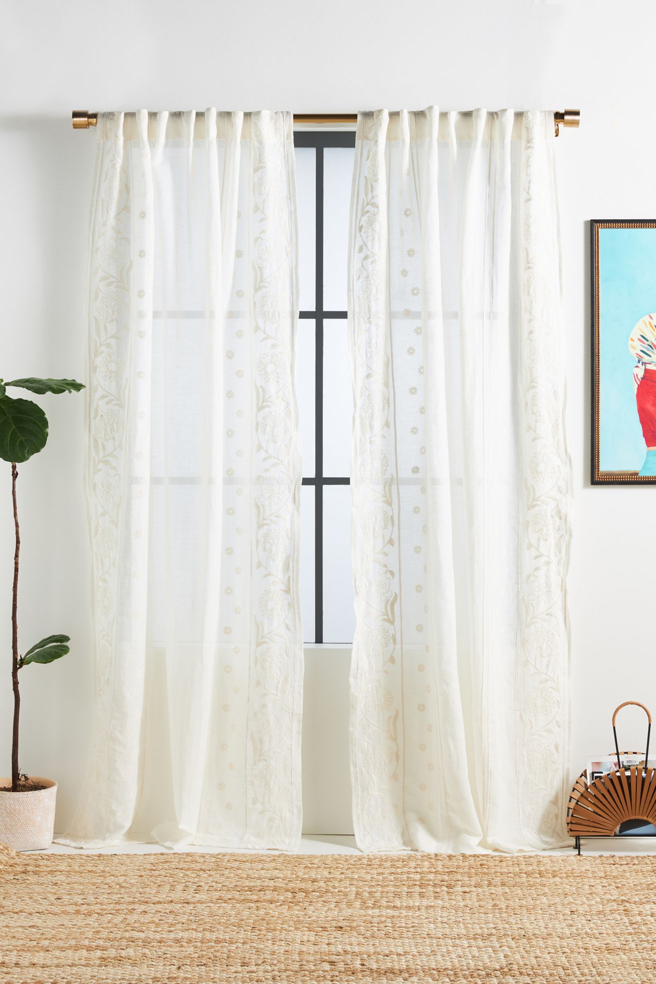 Manette Embroidered Cotton Linen Sheer Curtain - White, 108" X 50"