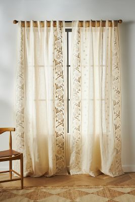 Anthropologie Embroidered Manette Curtain By  In Beige Size 50x63