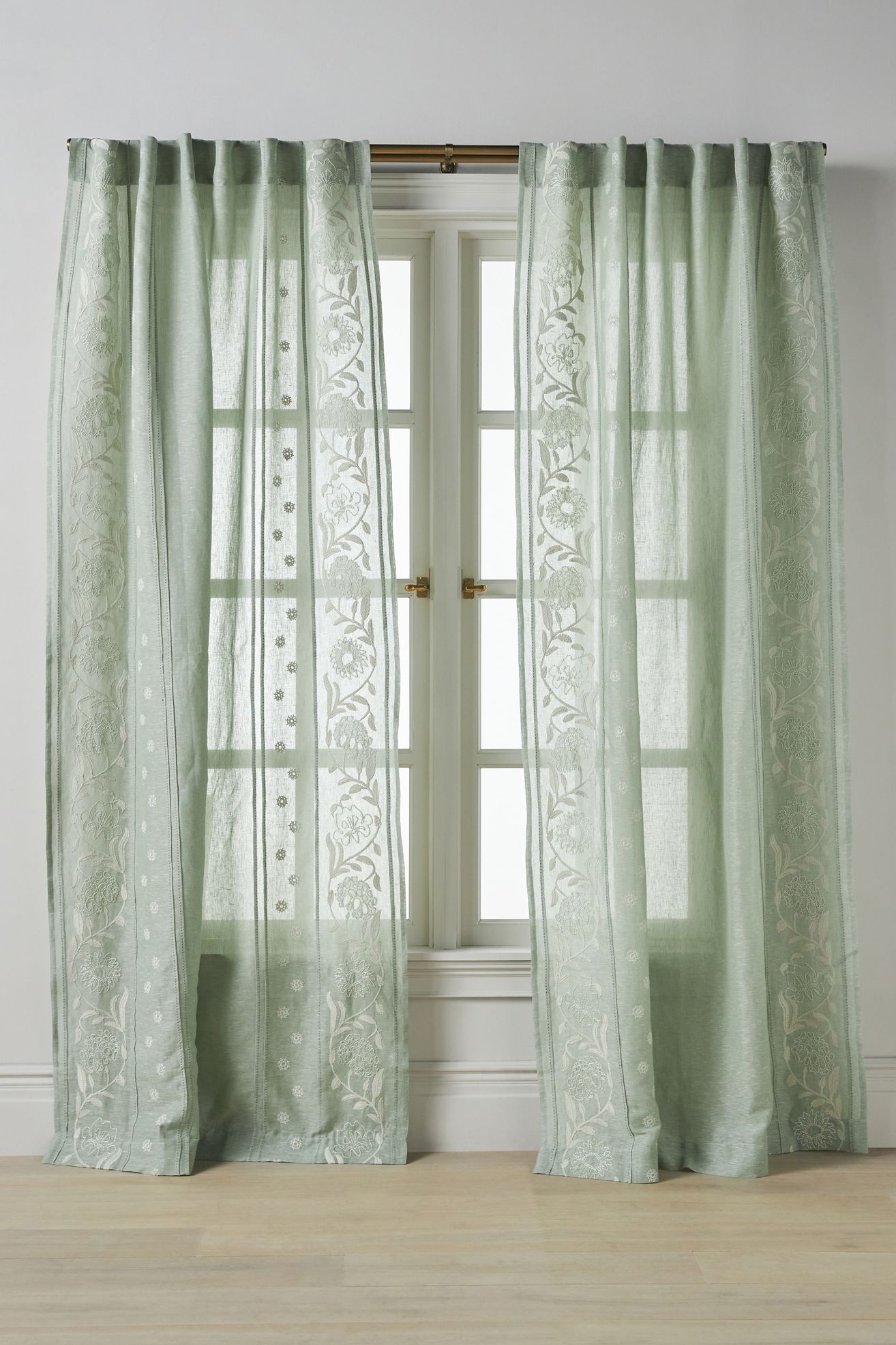 Manette Embroidered Cotton Linen Sheer Curtain - Moss, 84" X 50"