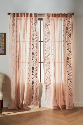 Anthropologie Embroidered Manette Curtain By  In Orange Size 108"
