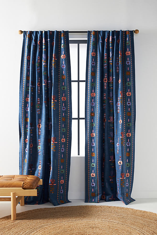 Anthropologie Embroidered Kacie Curtain By  In Blue Size 50x84