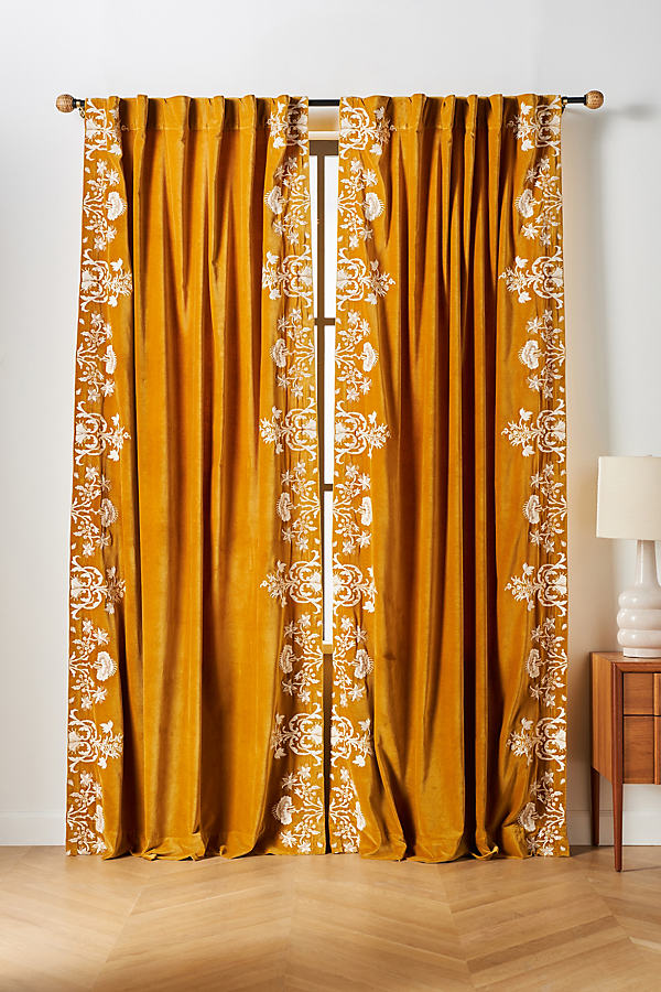 Anthropologie Harlowe Floral Embroidered Velvet Curtain