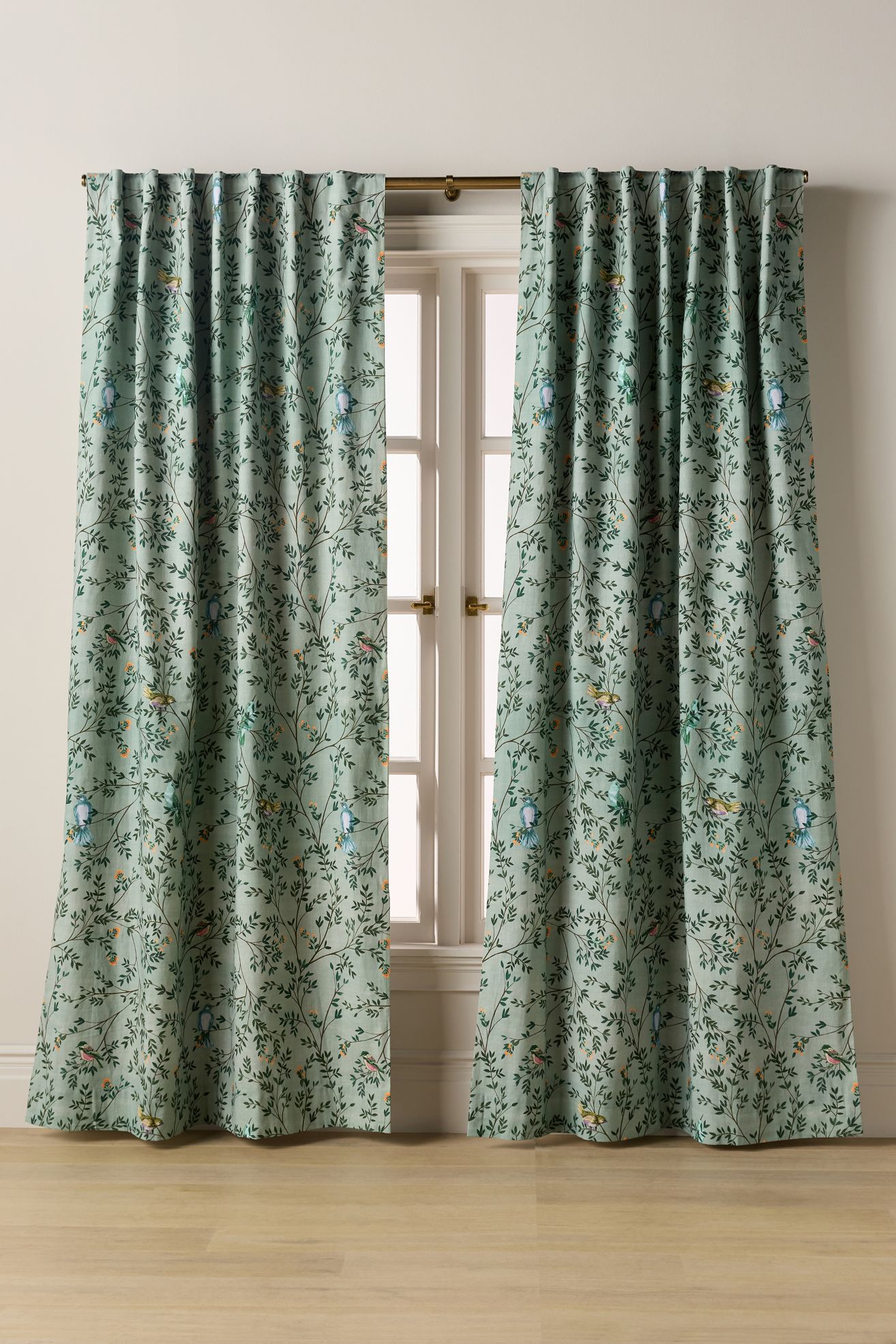 Priyanka Organic Cotton Printed Bird Blackout Curtain - Green, Standard, 63" X 50"