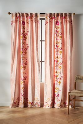 Anthropologie Embroidered Fiori Curtain By  In Orange Size 50" X 96"