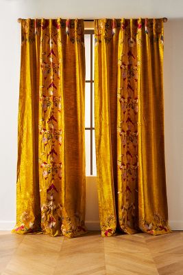Anthropologie Embroidered Fiori Curtain By  In Yellow Size 108"