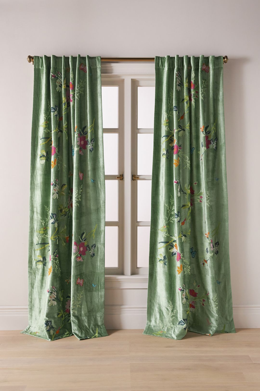 Velvet Embroidered Floral Curtain - Green, Standard, 96" X 50"