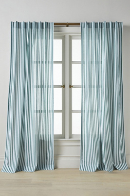 Anthropologie Solenne Cotton Jacquard Scalloped Stripe Curtain In Green