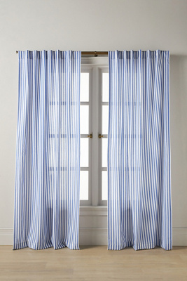 Anthropologie Solenne Cotton Jacquard Scalloped Stripe Curtain In Blue