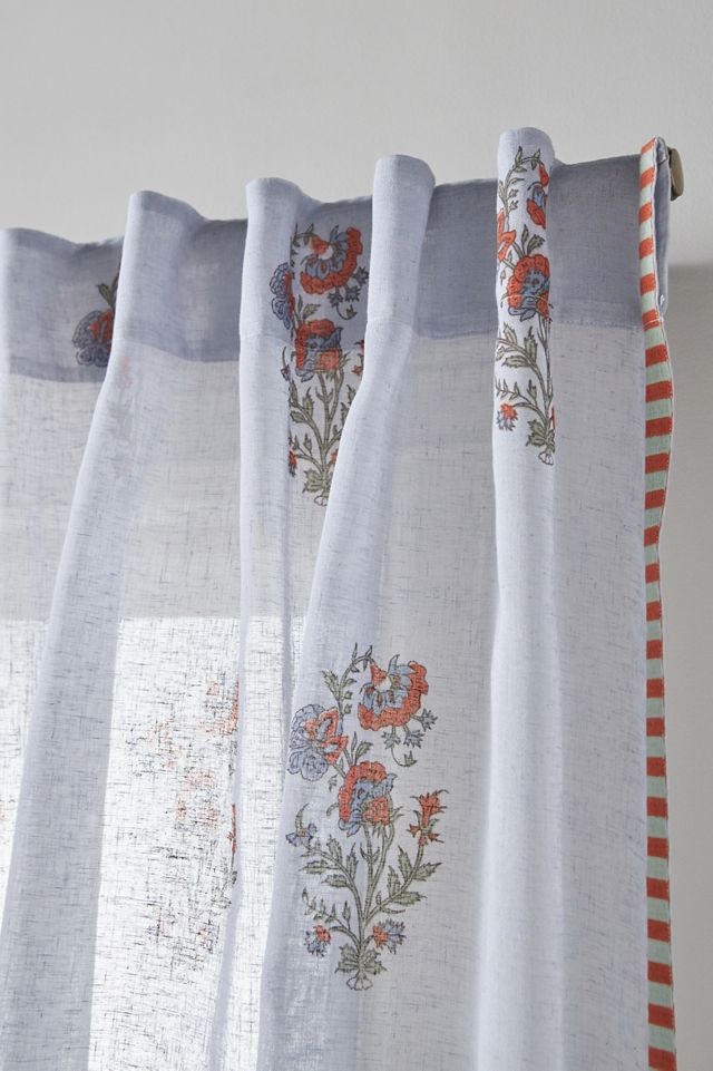 Cotton Block-Print Curtain with Striped Trim #1
