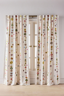 Anthropologie Embroidered Cotton Abstract Floral Curtain In Neutral