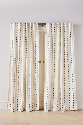 Anthropologie Embroidered Cotton Striped Hearts Curtain In White