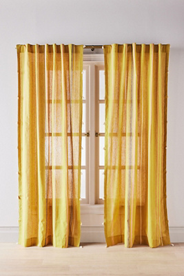 Anthropologie Walton Cotton Linen Sheer Stripe Tassel Curtain In Orange