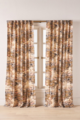Anthropologie Printed Velvet Scenic Bird Curtain In Brown