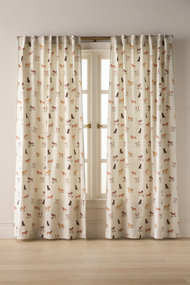 Anthropologie Printed Cotton Dogs Curtain In Neutral