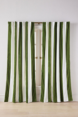 Anthropologie Trova Velvet Pieced Striped Curtain In Green