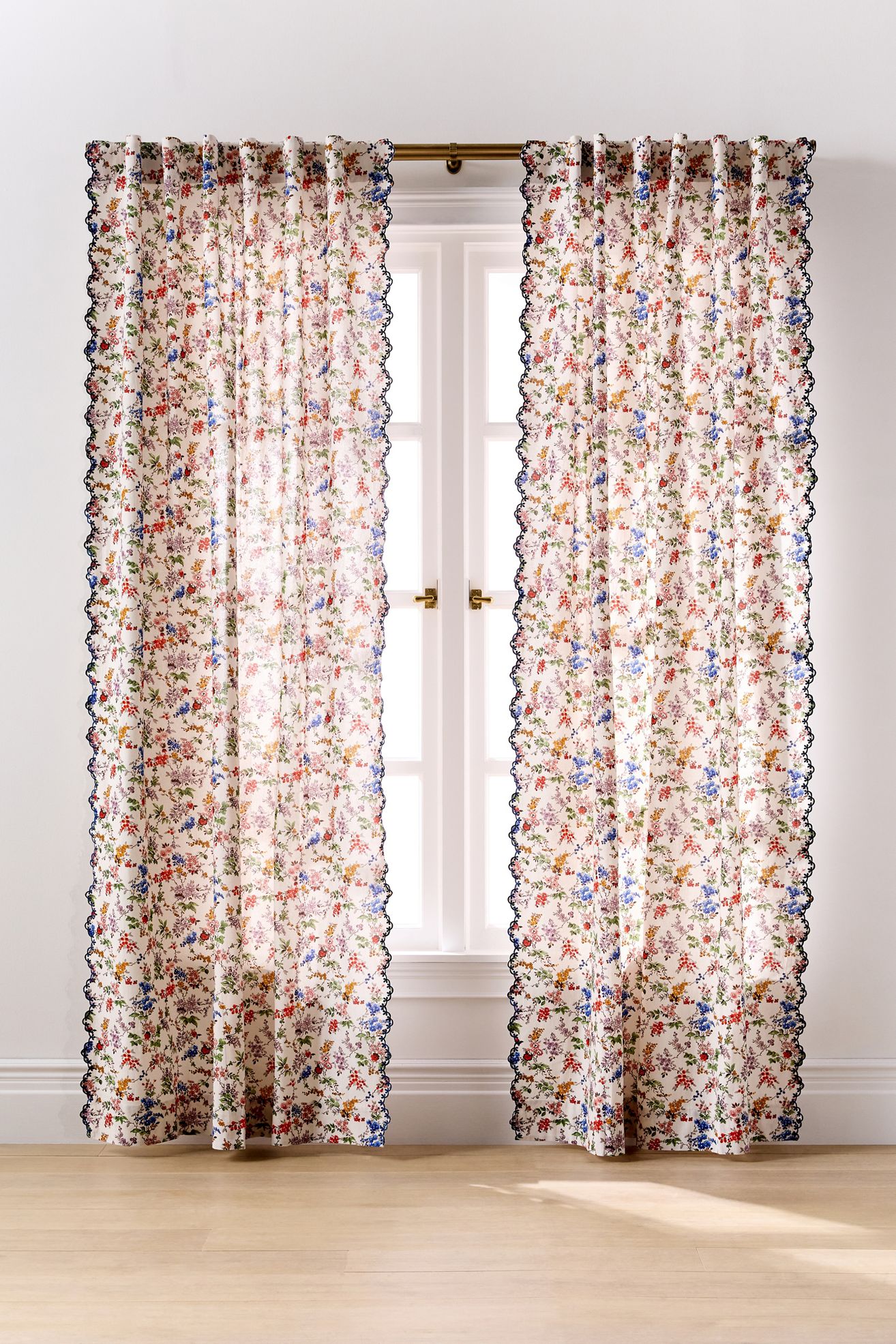 Alina Cotton Printed Floral Scalloped Curtain - Multi, 96" X 50"