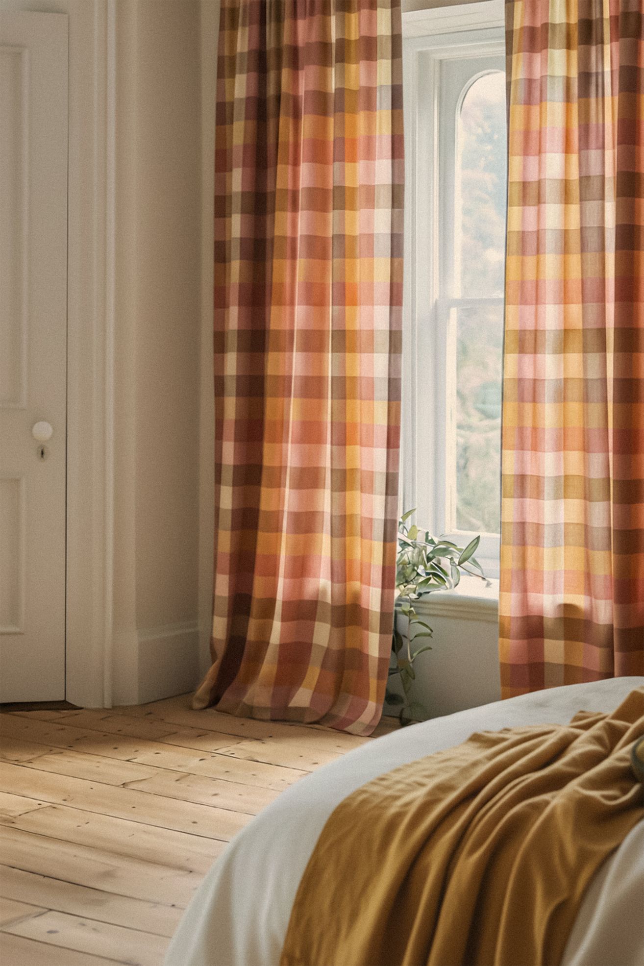 Woven Semi-Sheer Cotton Plaid Curtain - Warm Multi, 96" X 50"