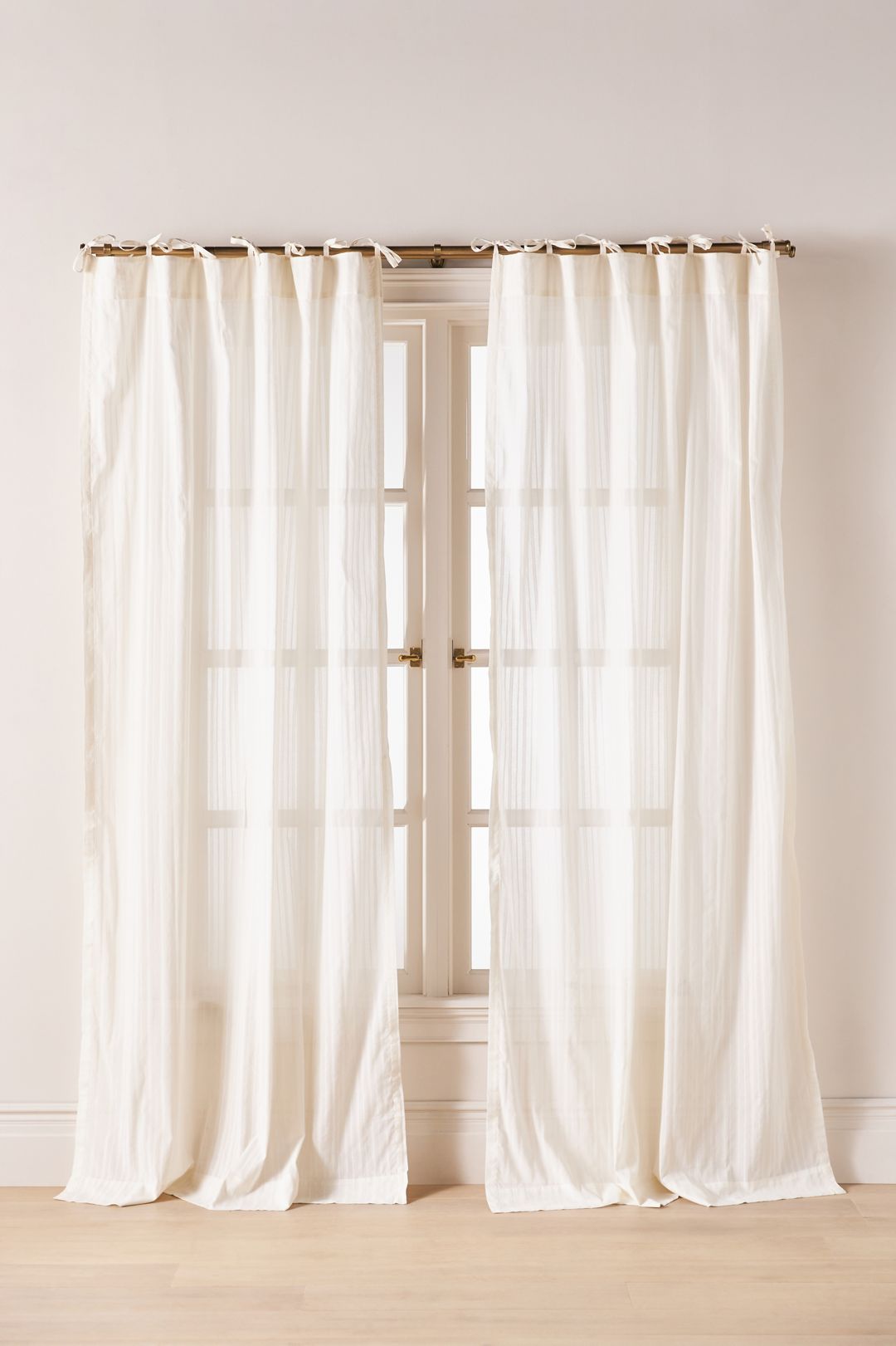 Cotton Dobby Striped Sheer Tie-Top Curtain - Ivory, 96" X 50"