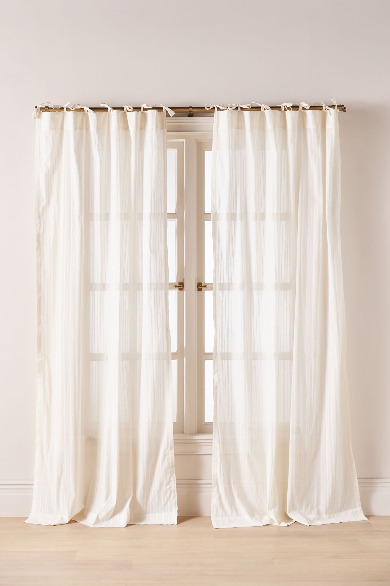 Cotton Dobby Striped Sheer Tie-Top Curtain - Ivory, Standard, 96" X 50"