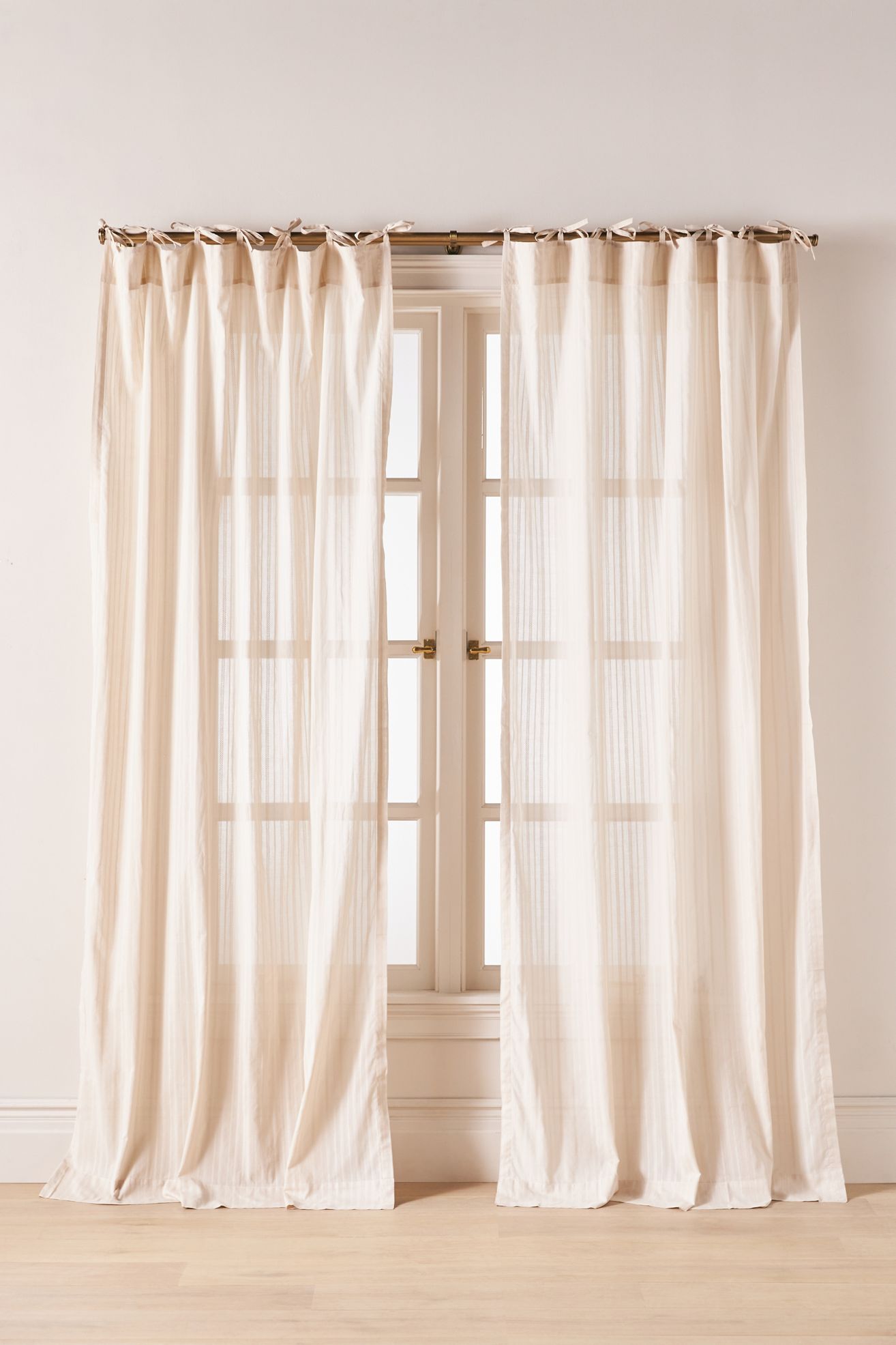 Cotton Dobby Striped Sheer Tie-Top Curtain - Oatmeal, 84" X 50"