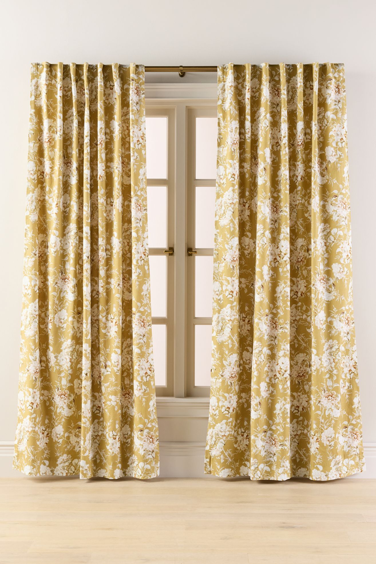 Frida Cotton Printed Floral Curtain - Gold, Standard, 96" X 50"