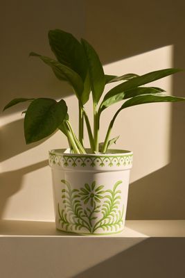 Maceta de Cerámica Esmaltada con Diseño Floral