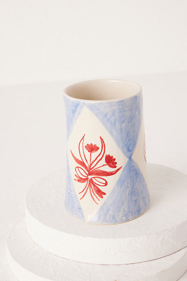 Poppy Almond for Damson Madder Hand-Painted Floral Round Ceramic Vase