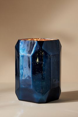 Anthropologie Jewel Glass Hurricane Candle Holder In Blue