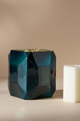 Anthropologie Jewel Glass Hurricane Candle Holder In Blue