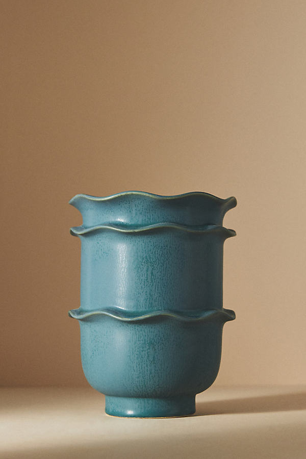 Anthropologie Scallop Ruffle Ceramic Plant Pot In Blue