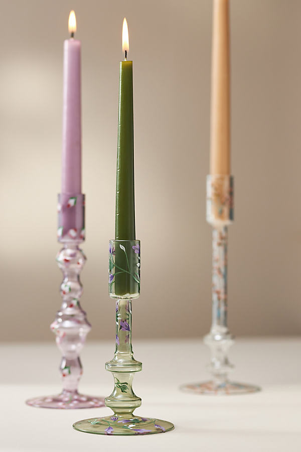 Floral Green Glass Taper Candle Holder