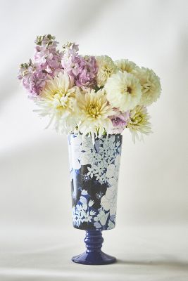 Anthropologie Lyla Floral Ceramic Vase In Blue