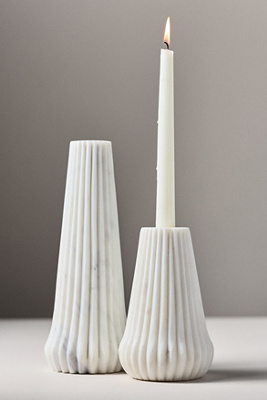 Anthropologie Ribbed White Marble Candleholder In White