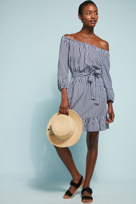 blue gingham off the shoulder dress Glassworks London Baby Blue Gingham Ruched Off Shoulder Top main image 0