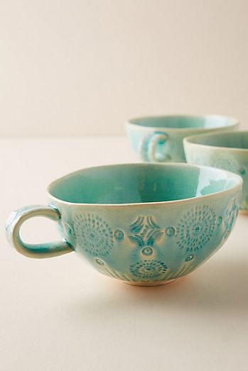NEW Anthropologie White Beige Etched Ceramic Coffee Tea Mug Cup 9 Oz Geometric 