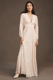 BHLDN Belize Embroidered A-Line Long-Sleeve V-Neck Gown