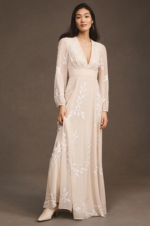 BHLDN Belize Embroidered A-Line Long-Sleeve V-Neck Gown