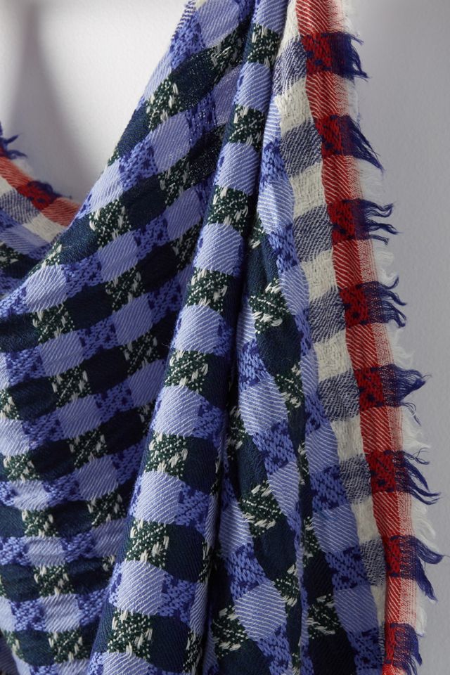 Fringed Gingham Wool Scarf #1