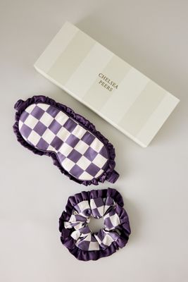 Chelsea Peers Reine Seide Schachbrettmuster Schlafmaske & Haargummi Geschenkset