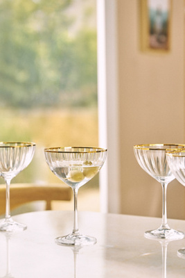 Ribbed Coupe Cocktail Glasses With Gold Rim 8 oz