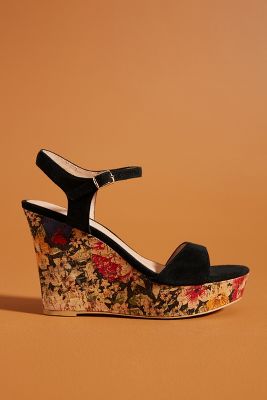 Anthropologie Floral-printed Cork Wedge Sandals In Black