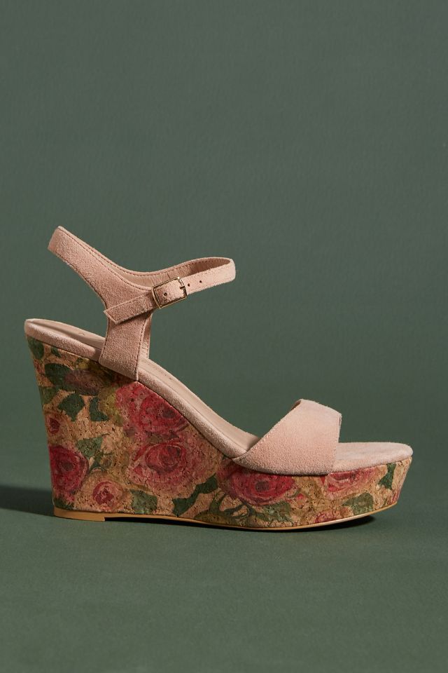 Anthropologie Floral-Printed Cork Wedge Sandals