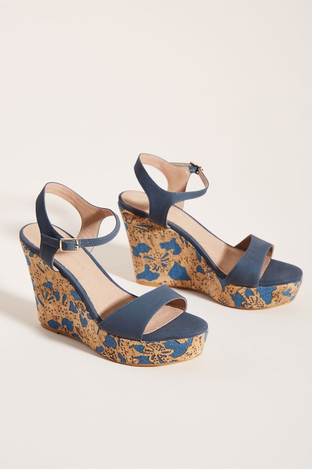 Anthropologie Floral-Printed Cork Wedge Sandals