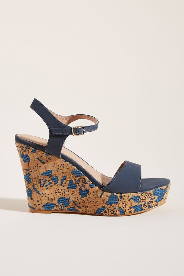 Anthropologie Floral-Printed Cork Wedge Sandals