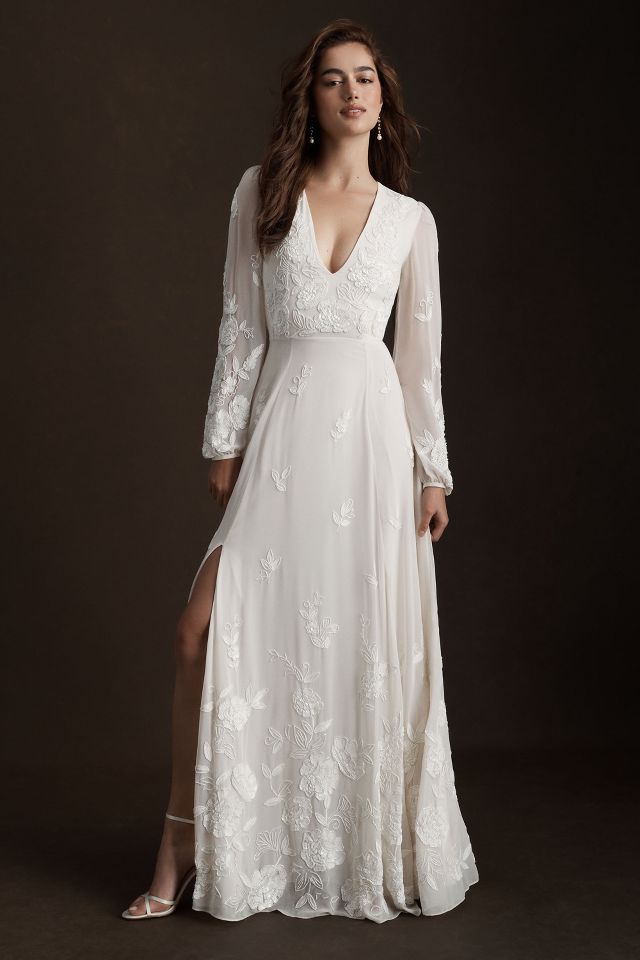 BHLDN Nassau Long-Sleeve Deep-V Embroidered Side-Slit Wedding Gown |  Anthropologie