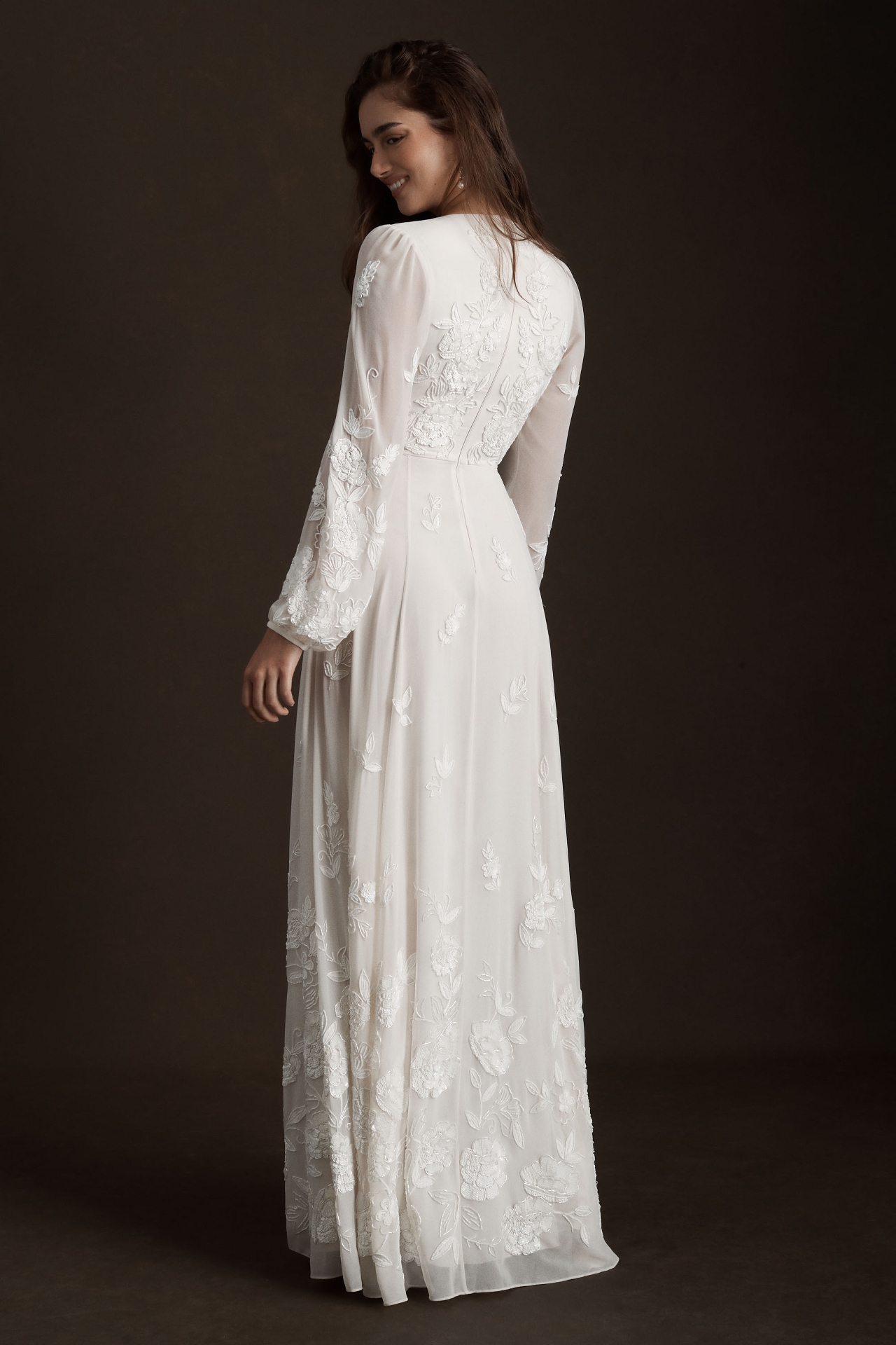 BHLDN Nassau Long-Sleeve Deep-V Embroidered Side-Slit Wedding Gown