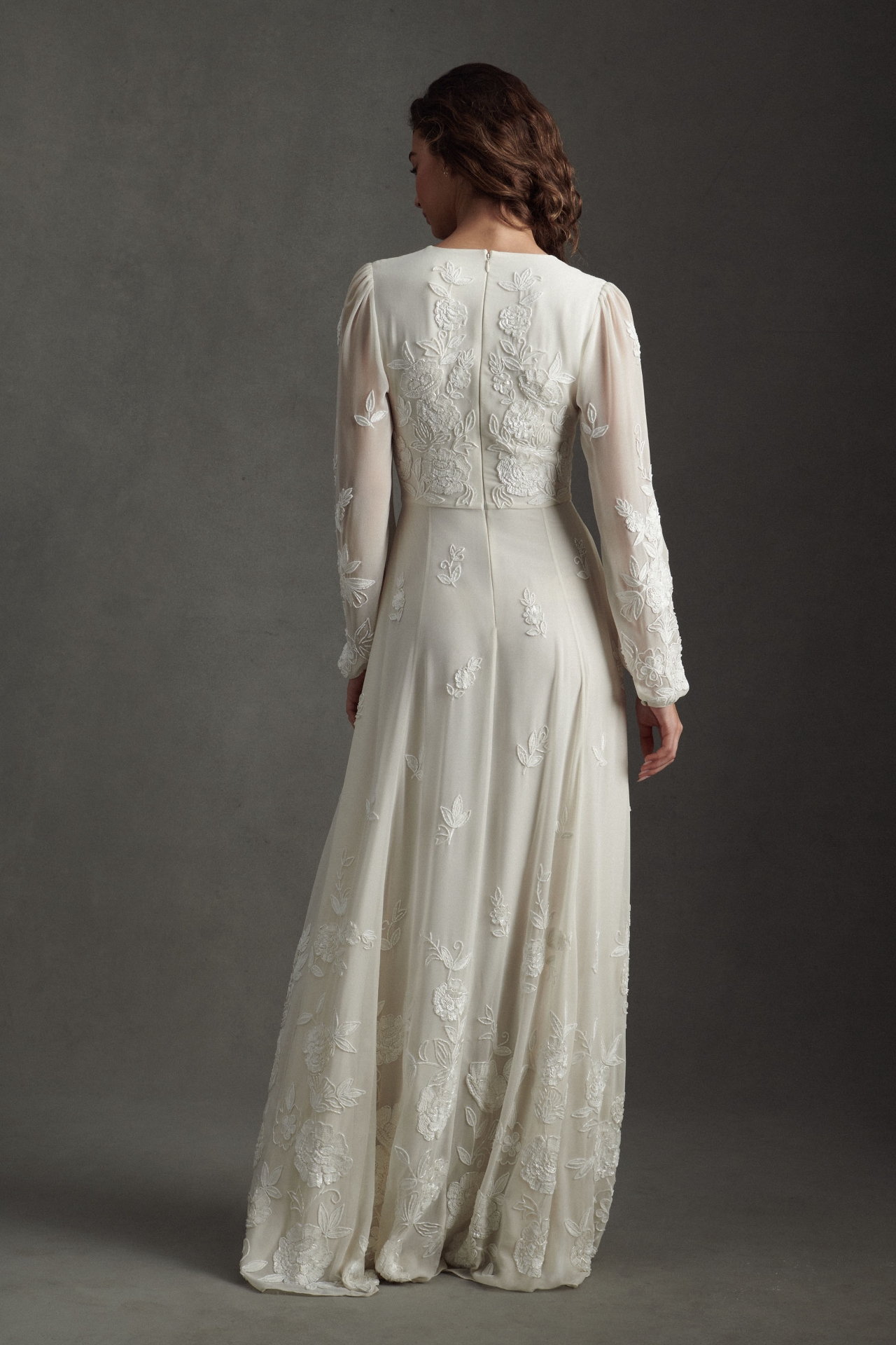 BHLDN Nassau Long-Sleeve Deep-V Embroidered Side-Slit Wedding Gown