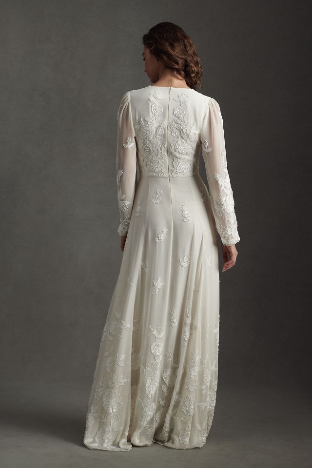 BHLDN Nassau Long Sleeve Deep V Embroidered Side Slit Wedding Gown