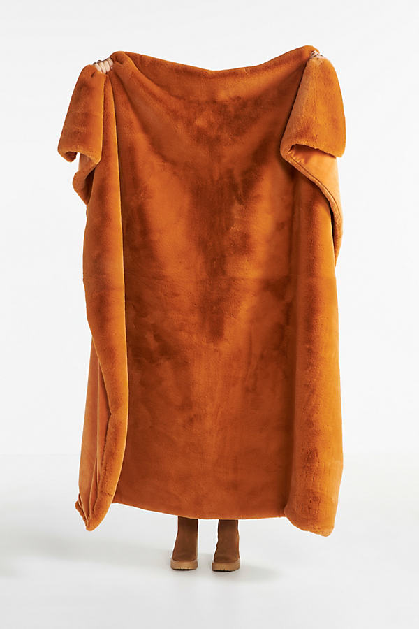 Anthropologie Sophie Faux Fur Throw Blanket In Orange