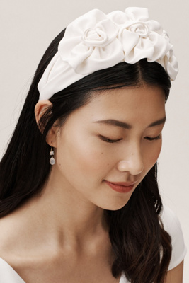 Jennifer Behr Triple Rosette Silk Faille Headband In Beige